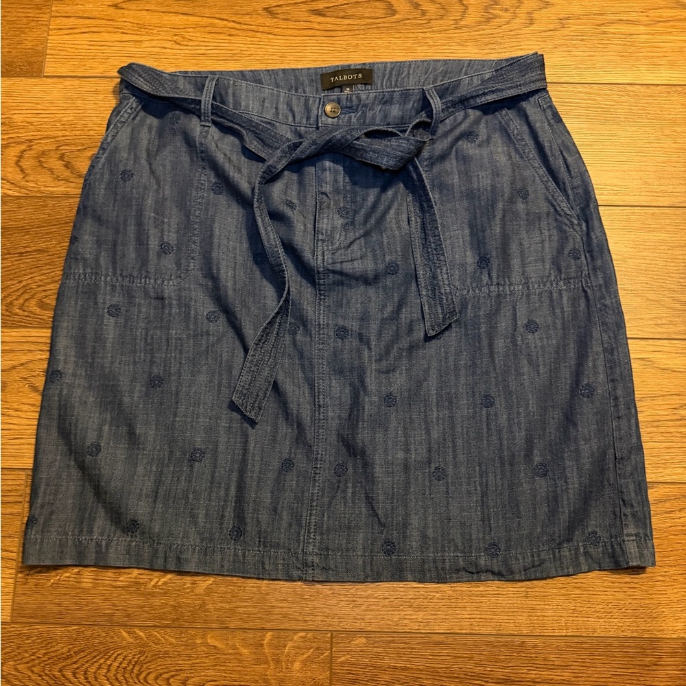 Talbots Dark Blue Denim A-Line Skirt with embellishment Waist Tie Belt sz 16 NWT